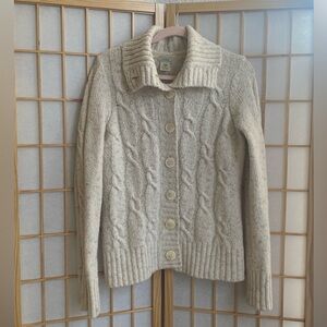 L.L. Bean Cream Cable-Knit Button Cardigan with High Convertible Collar
